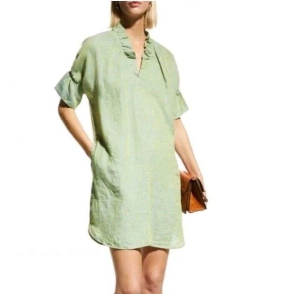 FINLEY Crosby Size M  Linen Popover Dress Ruffled Neck Pocket Lagenlook